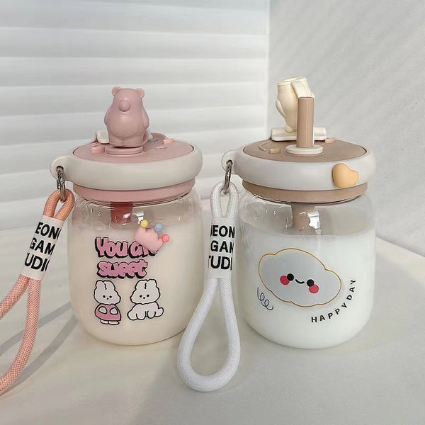 Korean version straw large-capacity double drink with stirring spoon plastic cup children's household drinking cup anti-drop big belly cup