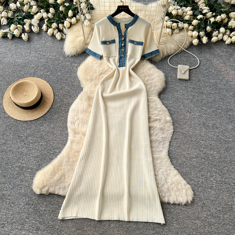 French chic knitted dress - women's summer short sleeve korean style metallic buckle slim fit retro maxi dress