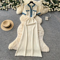 French chic knitted dress - women's summer short sleeve korean style metallic buckle slim fit retro maxi dress