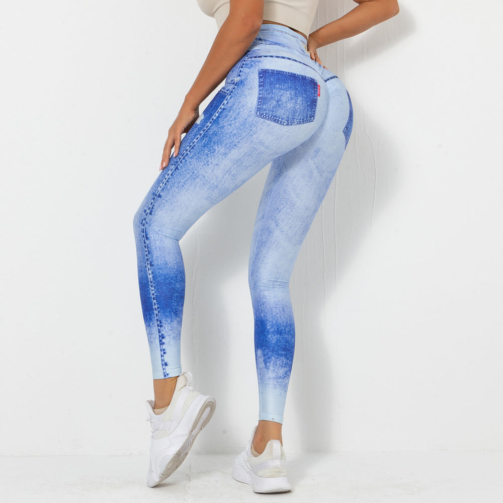 Clearance: european and american style digital print denim blue high-waisted, high-stretch, quick-dry yoga pants - women's activewear for running and fitness
