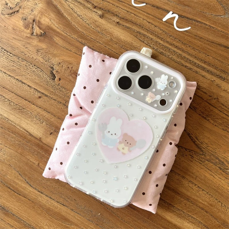 Large view white border phone case for iphone 18, apple 17 pro max - star, heart, rabbit, and bear design protective cover