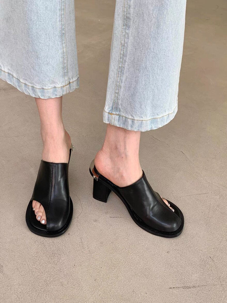 Outwearfashioneasiest for match square toe summer open toe thick high heel toe slippers sandals soft leathersexyniche style design not tired
