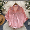 Korean style commute-ready striped shirt: breathable, skin-friendly, women's  summer short-sleeve loose-fit cardigan, solid color, elegant top