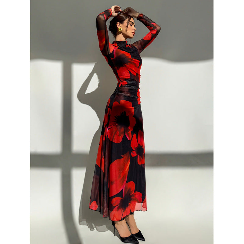 Aliexpress 1688 independent station in stock red tie-dye mesh printinglong women's dress