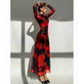 Aliexpress 1688 independent station in stock red tie-dye mesh printinglong women's dress