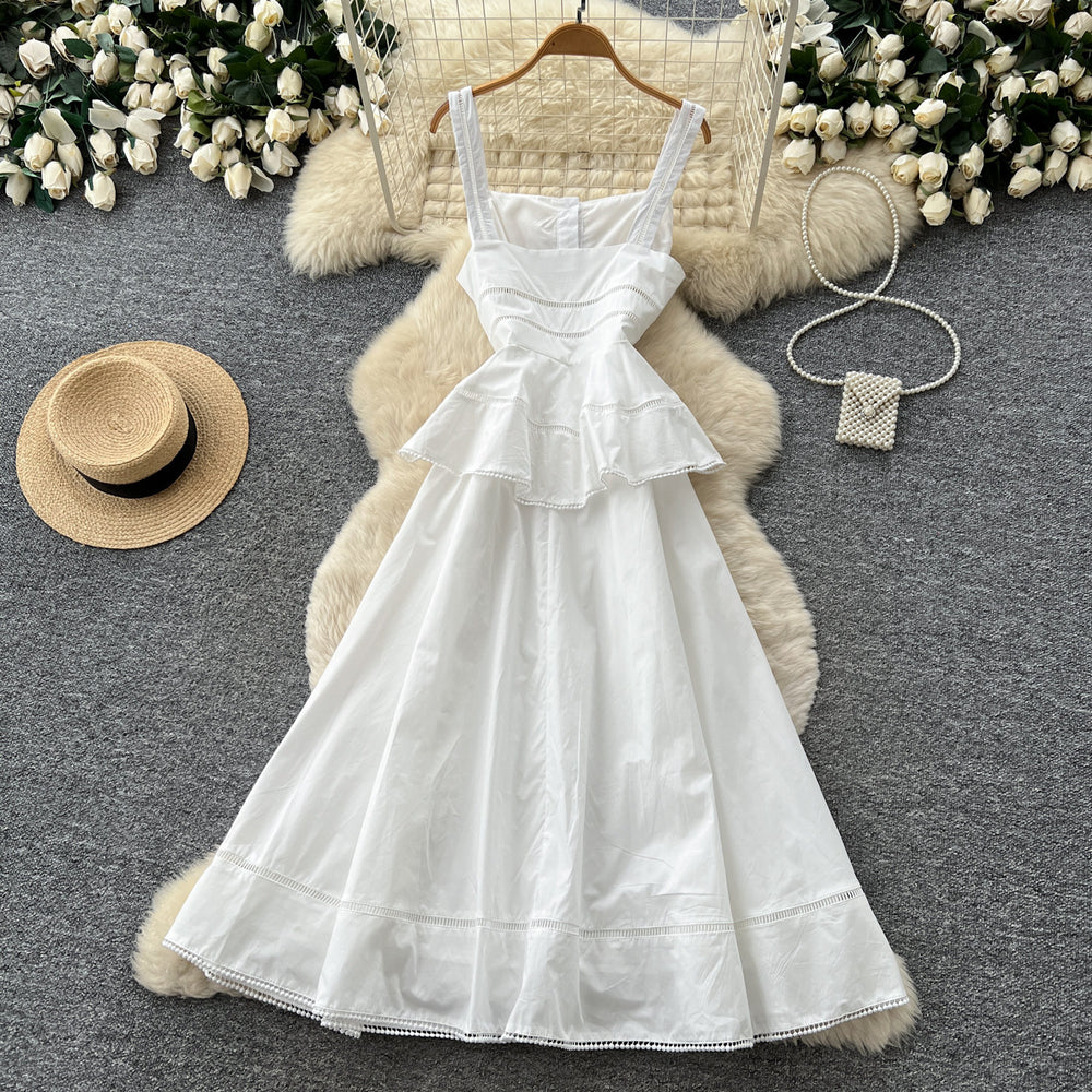 new white sleeveless a-line dress for women - summer workwear, high-waisted, fresh & chic maxi dress