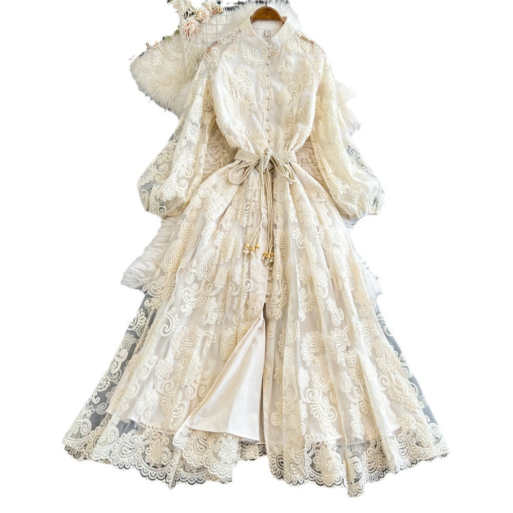 European and american style elegant stand collar single-breasted heavily crocheted embroidered lantern sleeve tie-waist maxi dress