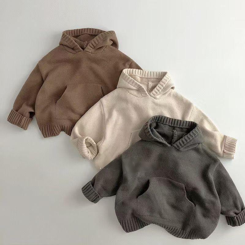 Hoodie: practical, stylish korean-style kids' sweater for autumn and winter. chic solid color, retro casual knit hoodie for baby boys and girls