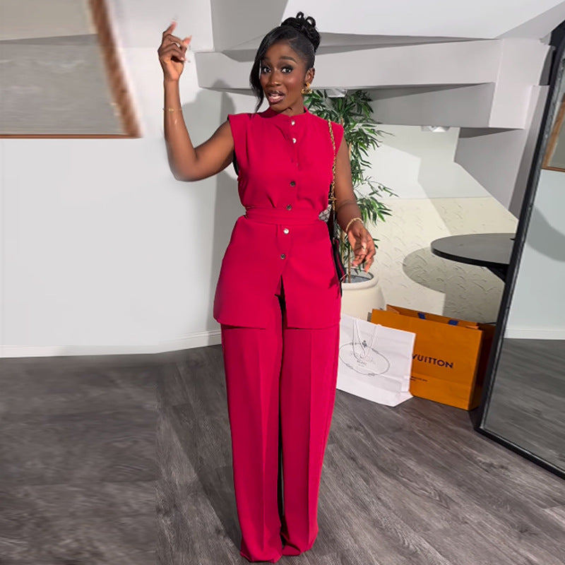 Fashion cross-border women's clothing  summer new arrival stand collar buttoned sleeveless waist tie tops wide leg pants suit