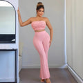 European and american cross-border women's fashion  summer new arrival: solid color exquisite small floral bandeau top and flared leggings two-piece set