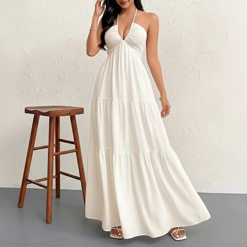 cross-border e-commerce dress: new summer women's vacation casual solid color backless tie-up maxi dress