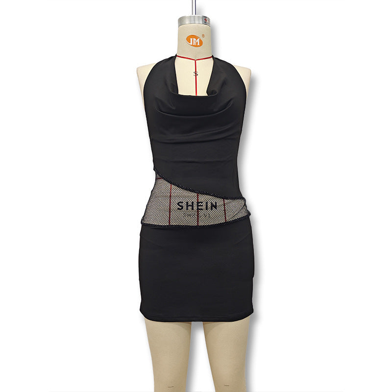 spring new arrivals: cross-border european & american style hot girl sexy backless strappy mesh patchwork halter dress