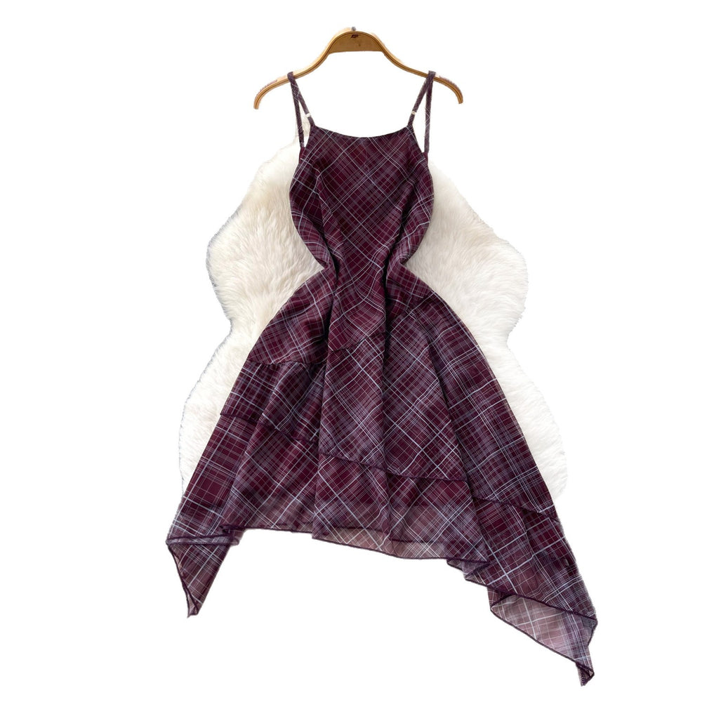 French retro plaid cami dress - women's summer korean style high waist, cinched waist, asymmetrical ruffle hem, slimming dress