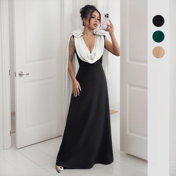 's new European and American  dinner wedding party high-end elegant wind v-neck contrasting sleeveless dress
