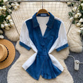 Lazy feeling work clothing style patchwork denim shirt for women summerk-style short-sleeved waist-cinching light mature niche stylesense of designtops