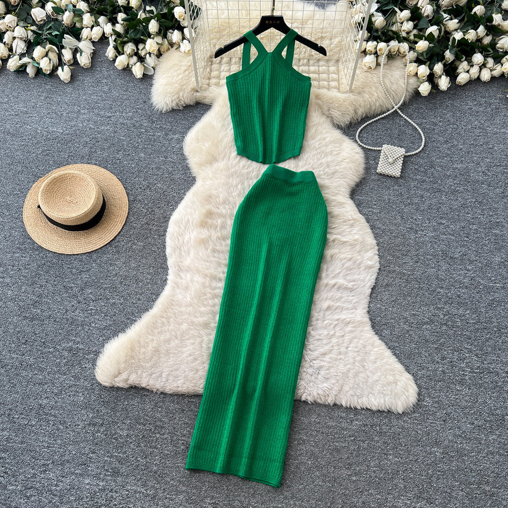 Sexy holiday style knittinghalter vest lazy high waist slit skirt women's summer elegant two-piece setwork clothing