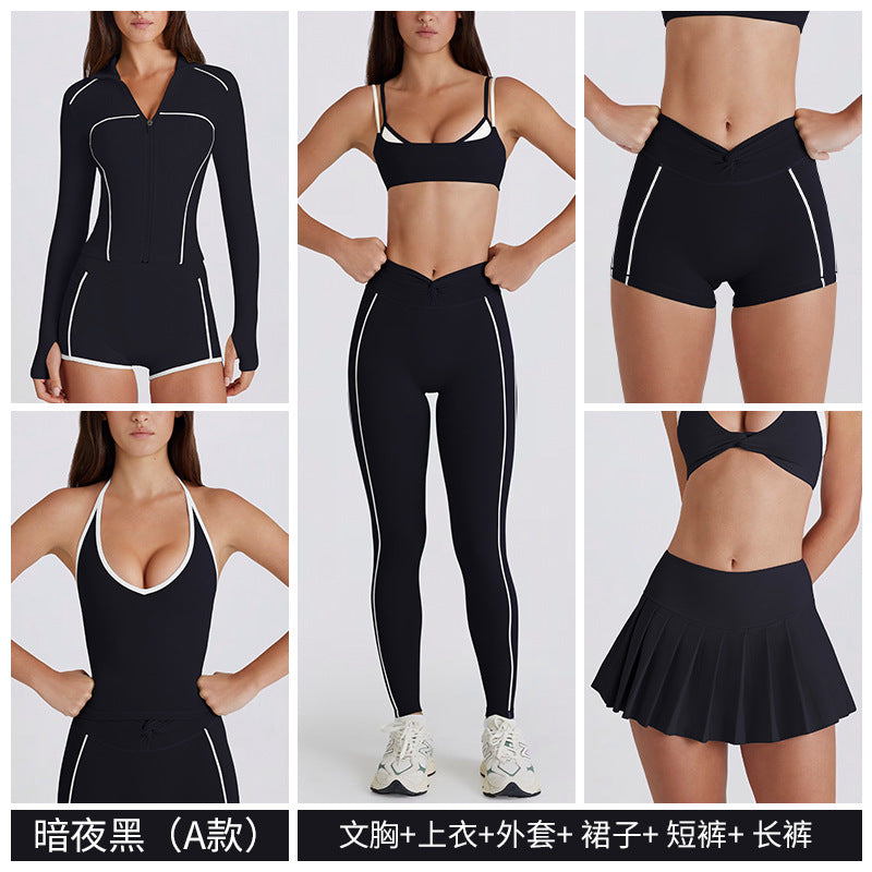 Contrast color bra tops long sleeves short sleeves pants shorts skirts pleated skirts zipper outwear yoga clothes six-piece suit