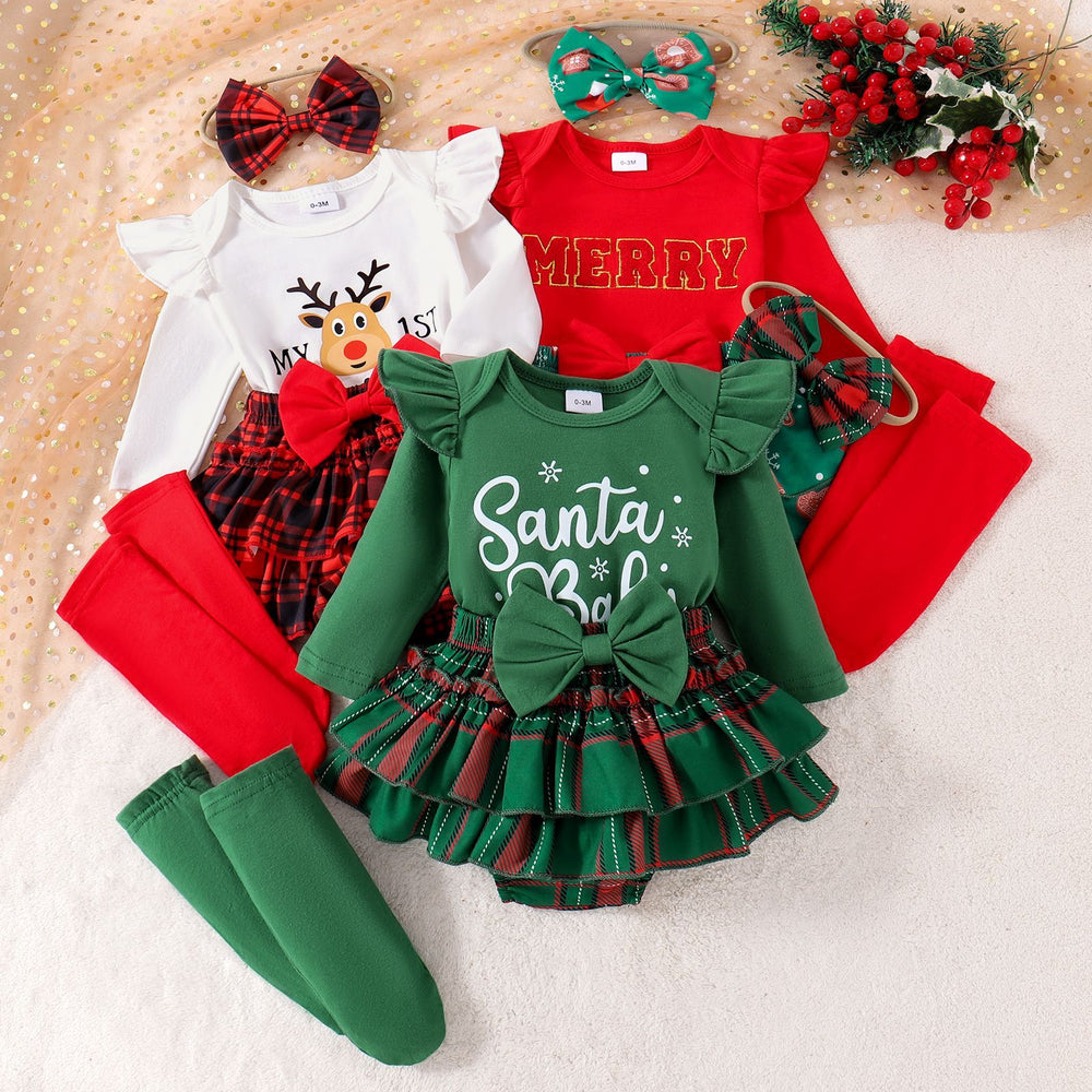 Long-sleeved jumpsuit fashionfall and winter infant and toddler pit sleeves letterprinting christmas plaidprinting skirt khaki