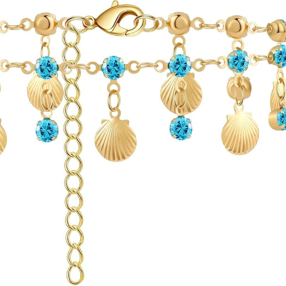 European and american cross-border exotic princess blue zirconium shell anklet accessible luxury niche exquisite holiday style tassel ocean foot jewelry