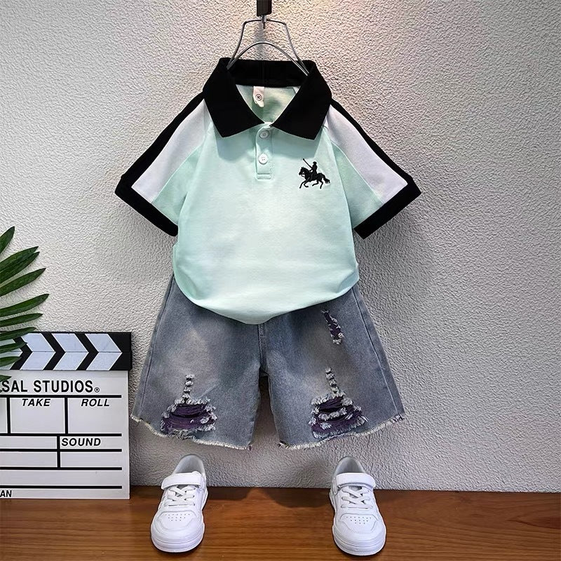 boys' short-sleeve t-shirt summer kids' half-sleeve top trendy cool boy's outfit baby casual two-piece set