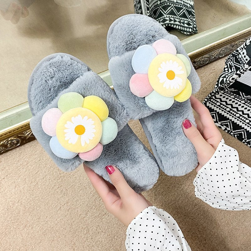 Women's fuzzy slippers - new korean style floral design, sweet and warm, indoor/outdoor use, home floor flat cotton slippers for winter