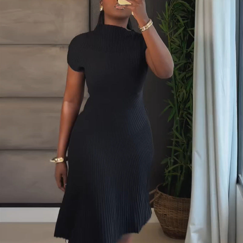 European and american cross-border women's fashion:  autumn new arrival - elegant turtleneck ribbed slim-fit solid color midi dress with short sleeves