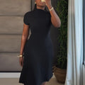 European and american cross-border women's fashion:  autumn new arrival - elegant turtleneck ribbed slim-fit solid color midi dress with short sleeves