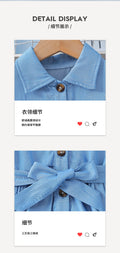 Exportgirldress imitation denim blue flying sleeves single breasted bows belt shirt skirt kids a-line skirt