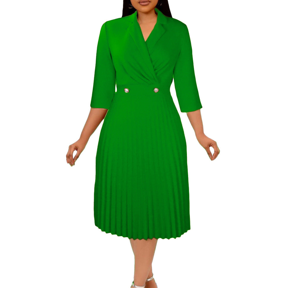 D3123 european and american women's clothing  autumn new arrival solid color elegant blazer collar pleated lapel export dress