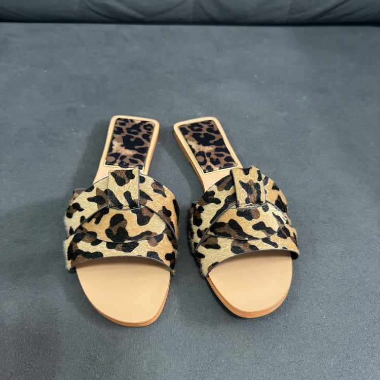 Spanish summer new arrivals: women's leopard print leather flat casual open-toe sandals and slippers