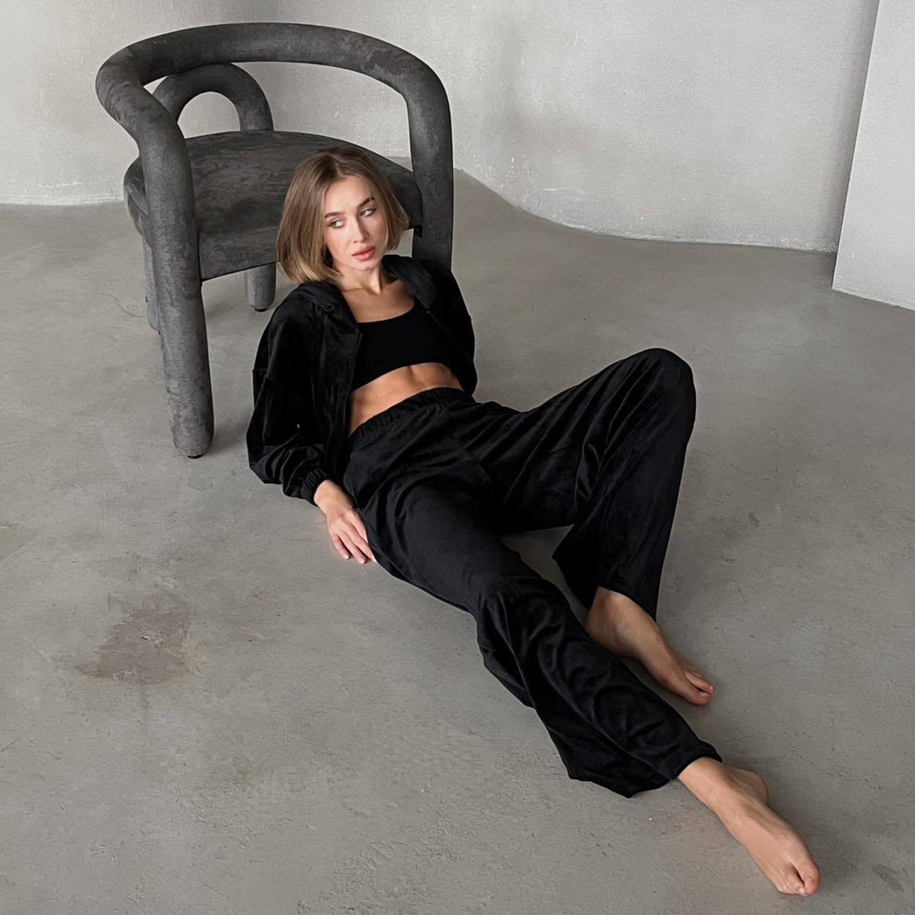 Cross-border independent station velvet hooded cardigan trousers women's two-piece set long-sleeved jacket pendant straight mopping trousers set