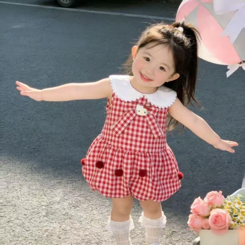 Summer new bowknot tank top princess dress for girls, korean style cartoon cat sweet plaid fresh dress