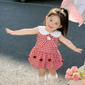 Summer new bowknot tank top princess dress for girls, korean style cartoon cat sweet plaid fresh dress