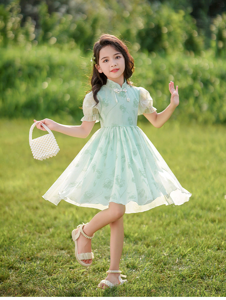 Girls' summer dress  new chinese style frog closure short sleeve traditional dress children's fashionable flared skirt
