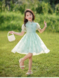 Girls' summer dress  new chinese style frog closure short sleeve traditional dress children's fashionable flared skirt