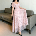 european and american cross-border new arrival: ruffle trim, color block, cinched waist, heart print dress - women's slimming, elegant maxi dress