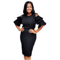 supply silm hip-covering round neck knitting lotus leaf bell mid-sleeve dress beading heavy industry big sale