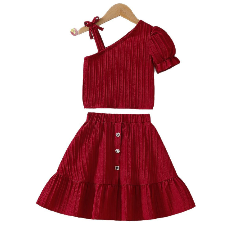 girls' summer dress set - burgundy one-shoulder tie-up cami top and skirt two-piece outfit for little girls