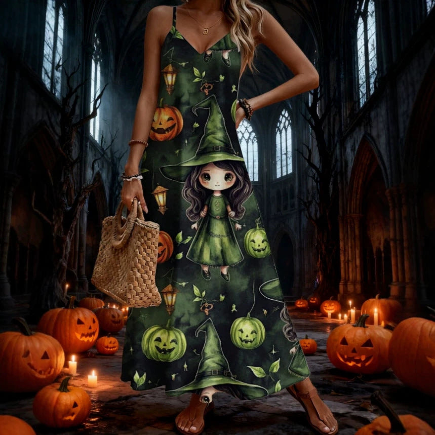 halloween pattern printing longdressv neckloose vacation suspender skirt