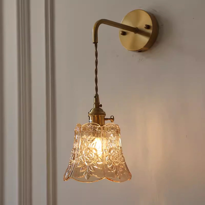 Japanese retro copper-tone glass wall sconce - modern nordic style bedside wall lamp - minimalist bathroom vanity mirror light
