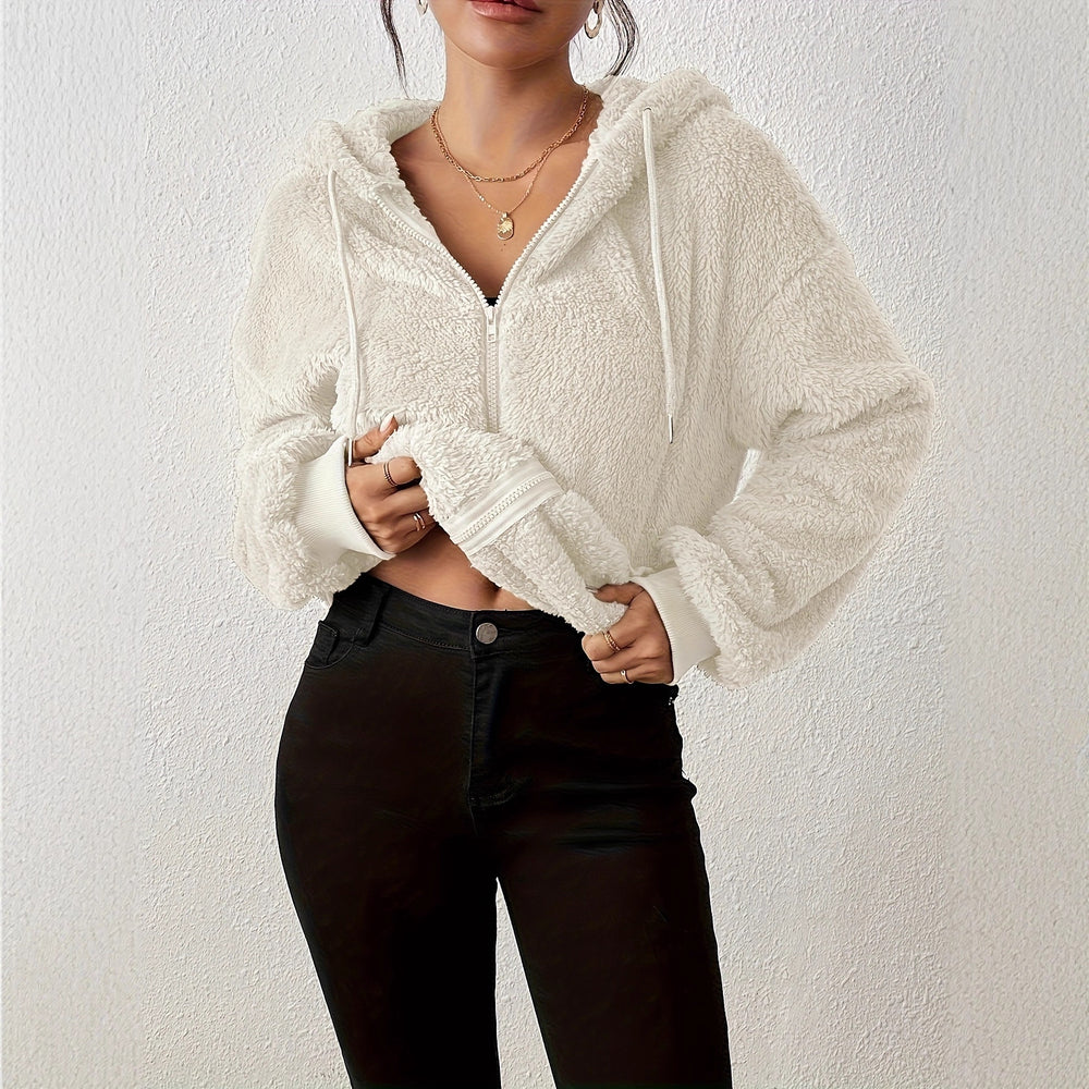 women's casual hooded fleece jacket warm long sleeve outerwear - minimalist style hooded zip-up jacket