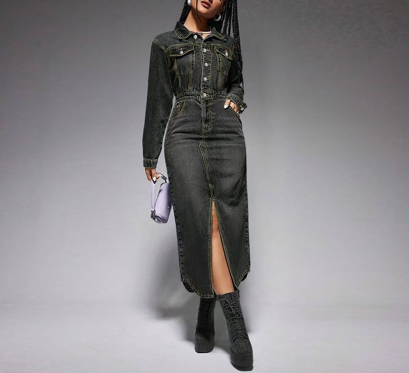 Amazon independent station  cross-border women's lapel button long sleeves slit new arrival denim longdress