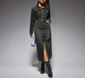 Amazon independent station  cross-border women's lapel button long sleeves slit new arrival denim longdress