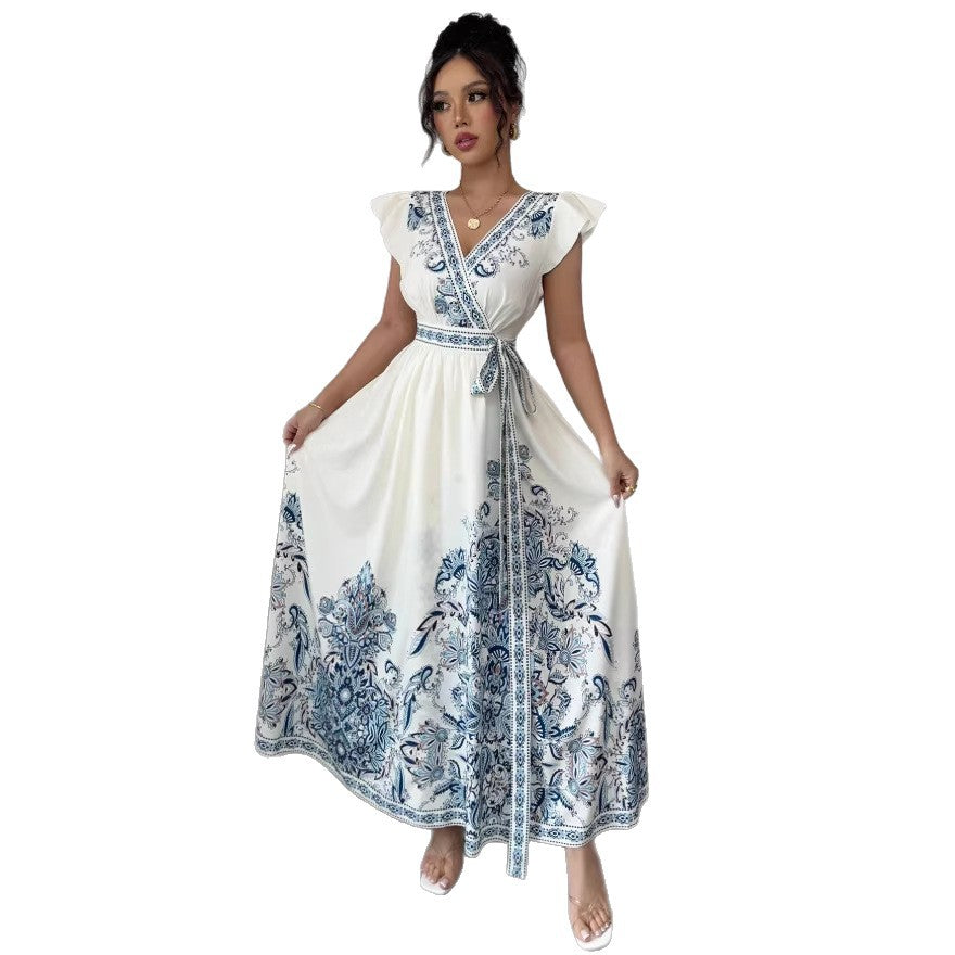 european and american cross-border new summer v-neck fitted patchwork dress