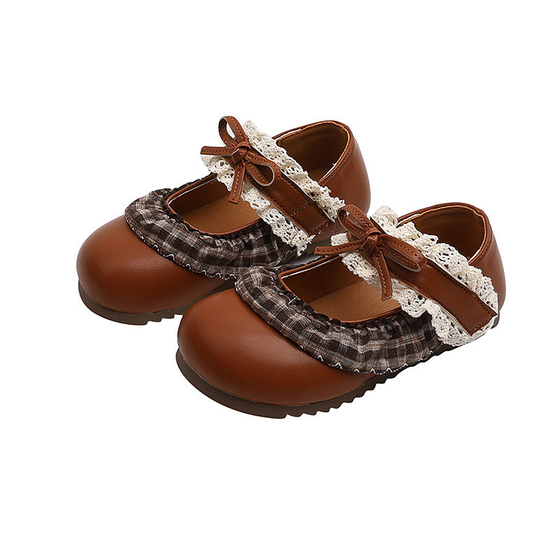 Vancahao kids' lace-up leather shoes,  autumn new collection, korean style girls' fashion soft sole bow princess shoes