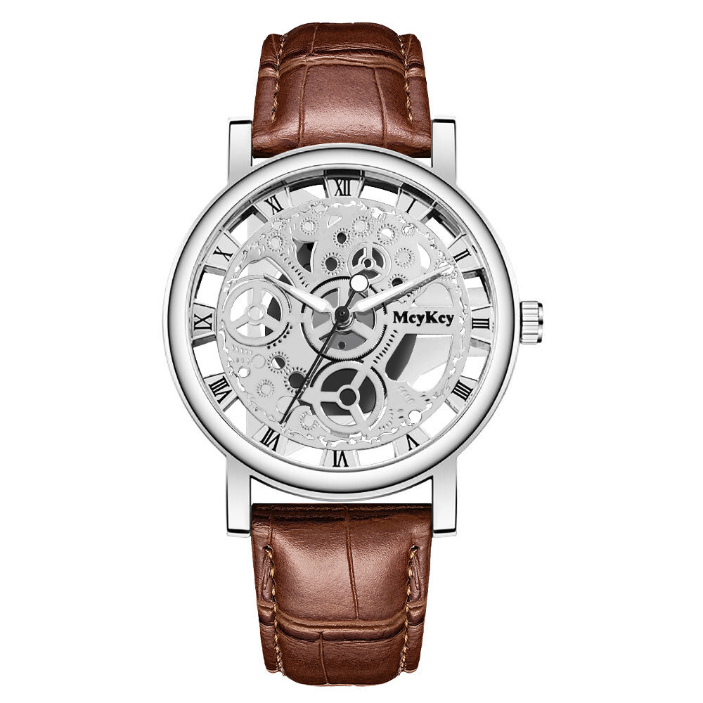 New men's watch - transparent case, skeleton design, simulated mechanical movement - men's leather strap quartz wristwatch - in stock, wholesale available