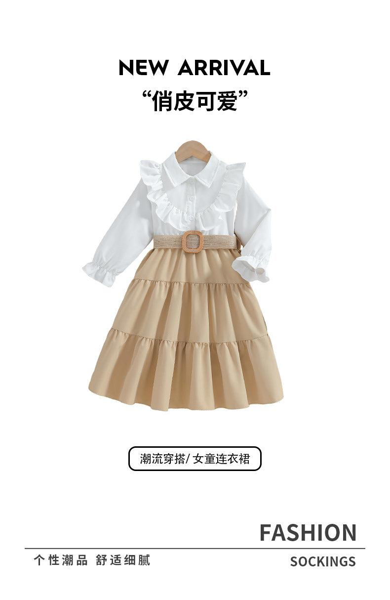 Exportgirldress white shirtpatchworkkhaki cake skirtfake two-pieceruffles beltkids long skirt