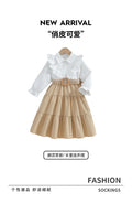 Exportgirldress white shirtpatchworkkhaki cake skirtfake two-pieceruffles beltkids long skirt