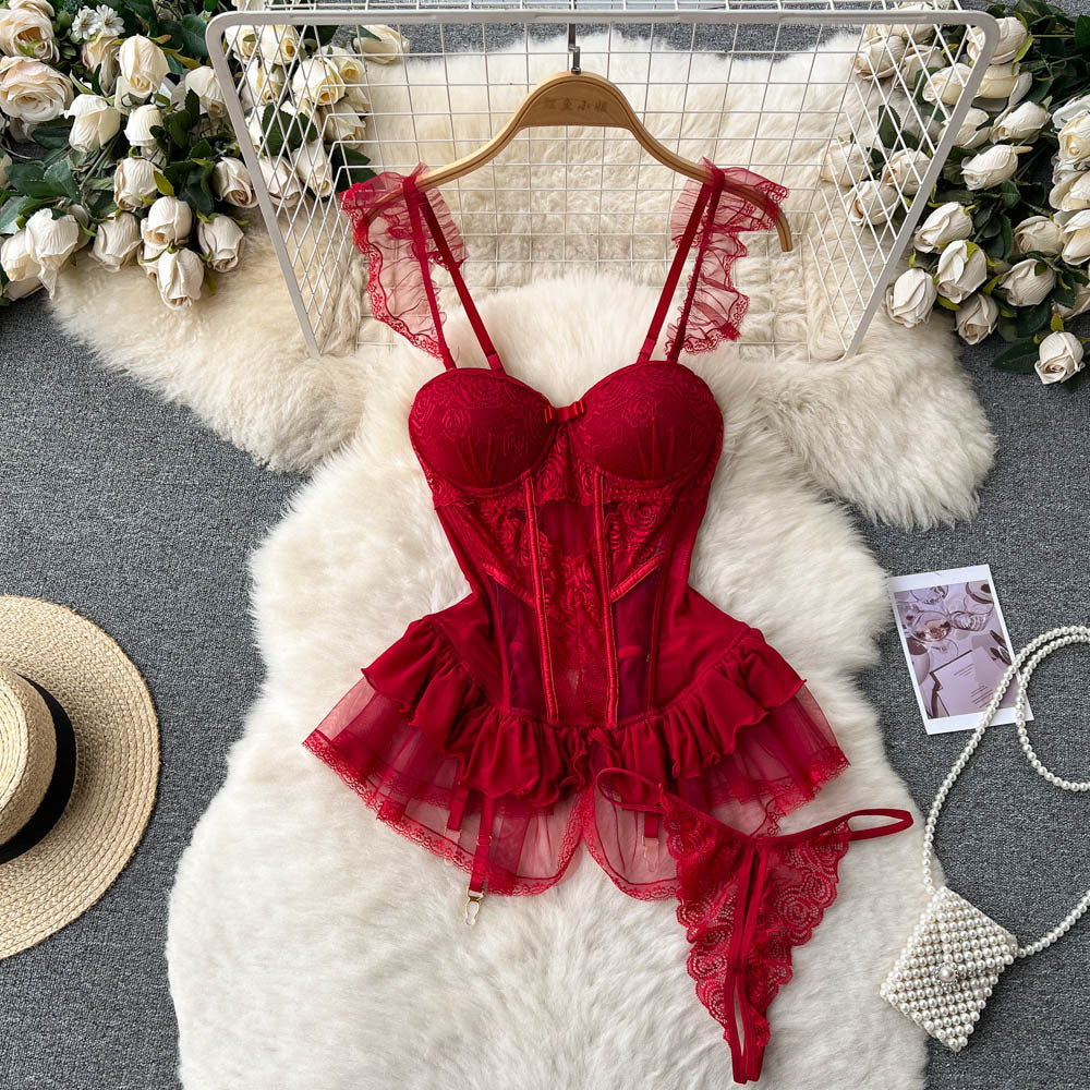 Summer sexy retro chic hot girl pure desire style lace mesh ruffle trim cinched waist bandeau slip dress