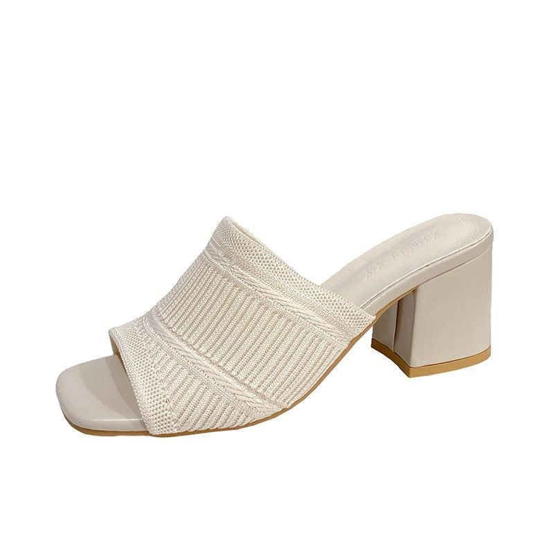 Square toe sandals summer  new french high heels open toe flyknit cutout peep-toe thong sandals wholesale